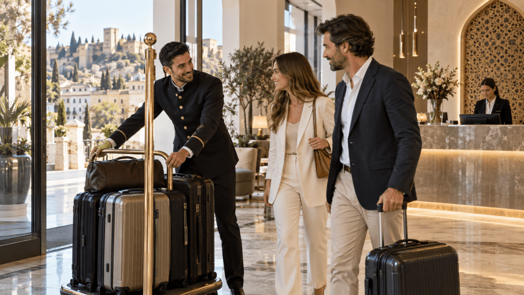 Profesional de hotel ayudando a huéspedes con su equipaje