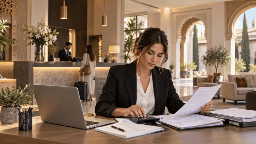 Profesional de contabilidad trabajando junto a la recepción de un hotel